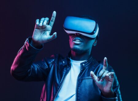 African man wearing virtual reality headset