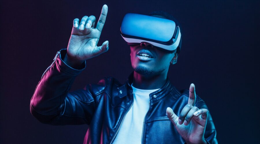 African man wearing virtual reality headset