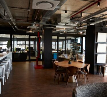 Bar and dining area in the office of a creative business, in daylight, no people