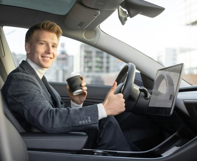 Handsome smiling Caucasian business man riding autonomous car, drinking coffee to go