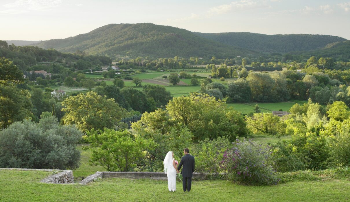 Rear of wedding couple in garden