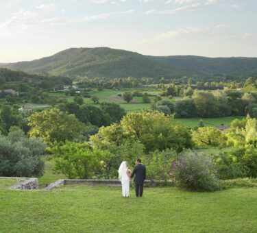 Rear of wedding couple in garden