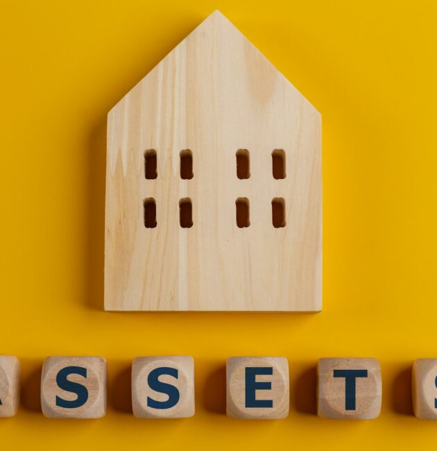 The word assets written on wooden cubes with assets icon on yellow background. Asset management