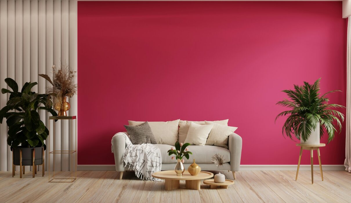 Viva magenta color wall background mockup with sofa furniture and decor