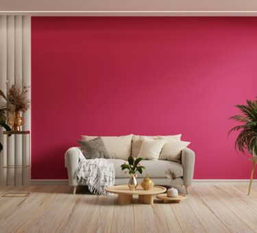 Viva magenta color wall background mockup with sofa furniture and decor