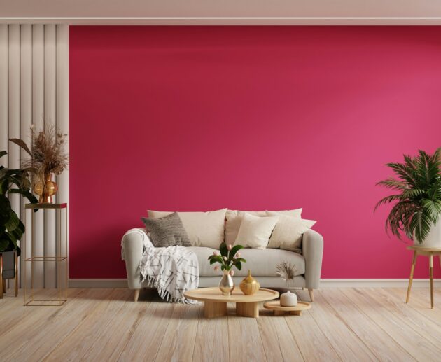 Viva magenta color wall background mockup with sofa furniture and decor